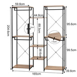 BukkitBow kledingrek met dubbele planken, kledinghaken en licht eiken details, zwart metalen frame, 165x205x40cm.