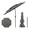 Grote ronde BukkitBow parasol van 292cm met slinger en kantelfunctie, geschikt voor buiten, met kleurrijke design en stevige constructie.
