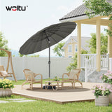 Grote ronde BukkitBow tuinparasol met 18 glasvezel baleinen, kantelbaar en geschikt voor buitengebruik.