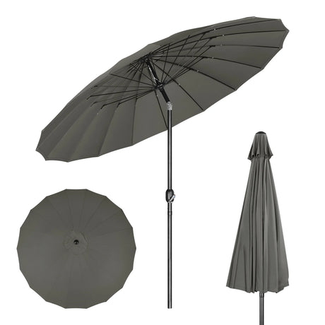 Grote ronde BukkitBow tuinparasol met 18 glasvezel baleinen, kantelbaar en beschut tegen de zon in de tuin.