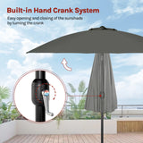 Grote ronde BukkitBow tuinparasol met 18 glasvezel baleinen en kantelfunctie, geschikt voor terras of tuin.