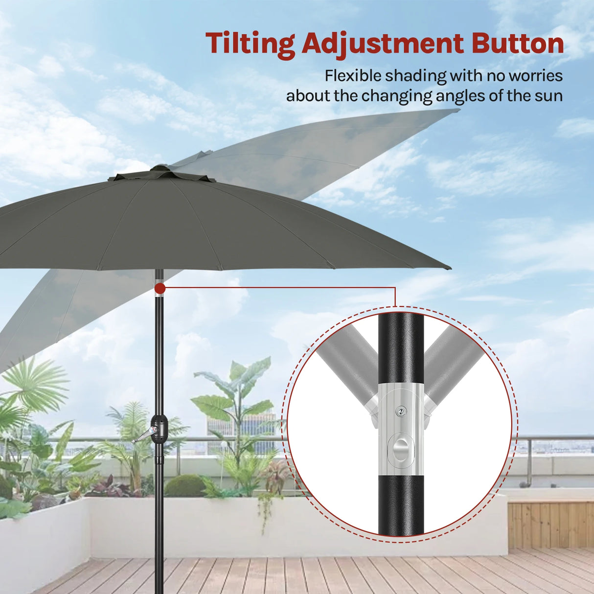 Grote ronde tuinparasol van BukkitBow met 18 glasvezel baleinen, kantelbaar voor schaduw in de tuin