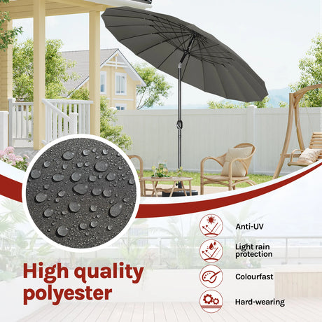 Grote ronde BukkitBow tuinparasol met 18 glasvezel baleinen, kantelbaar voor schaduw in de tuin