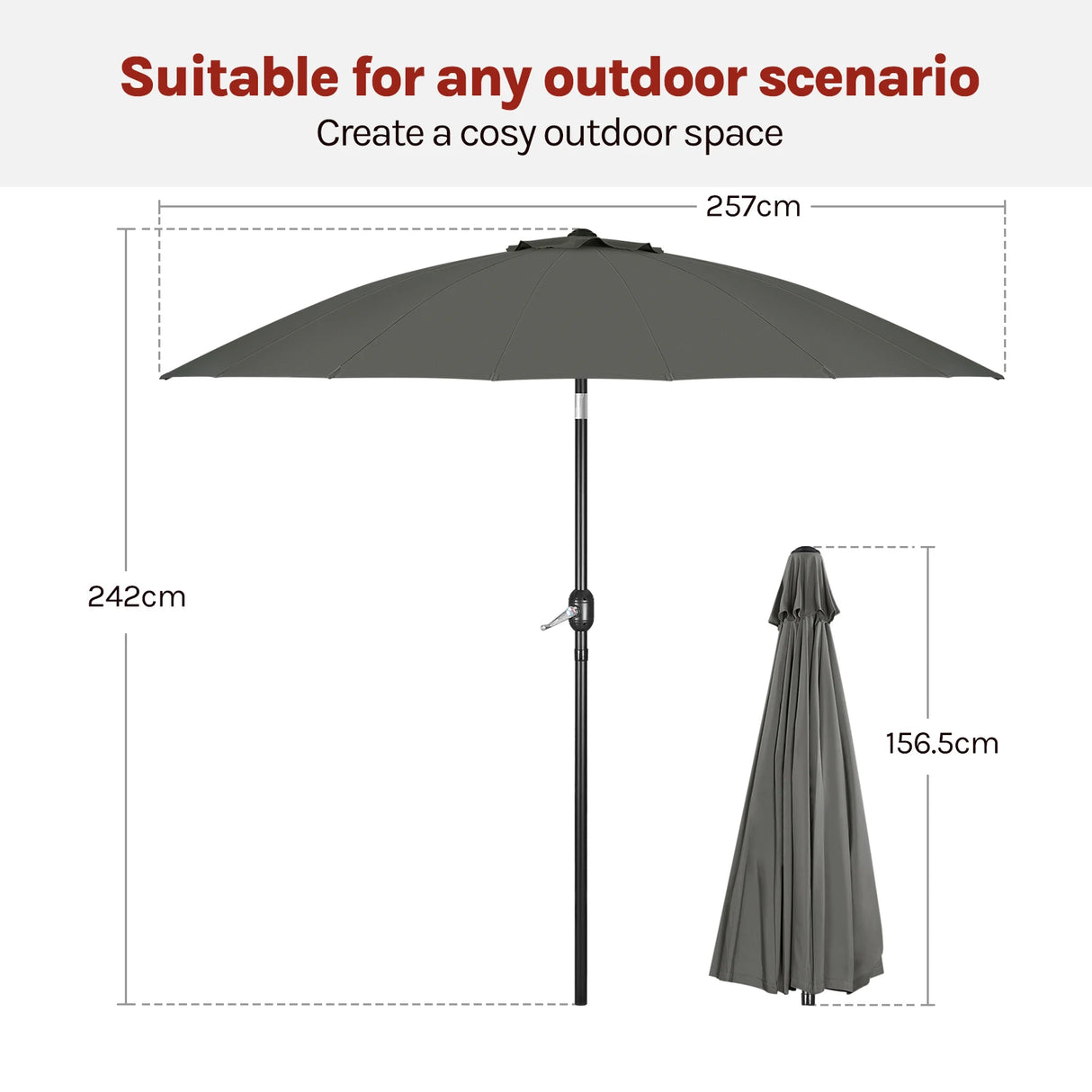 Grote ronde BukkitBow tuinparasol met 18 glasvezel baleinen en kantelfunctie, perfect voor schaduw in de tuin