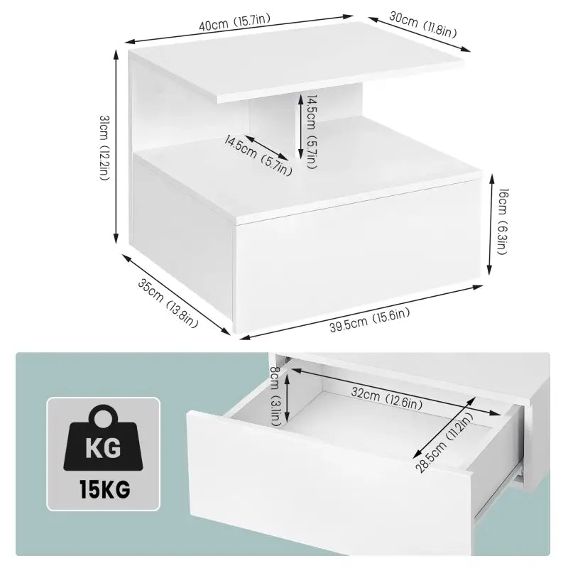 BukkitBow hangend nachtkastje met lade en open plank, wandplank van 40x35x31 cm, modern en functioneel meubelstuk