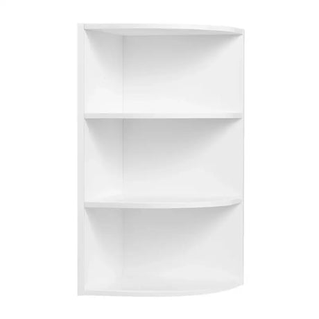 Witte BukkitBow hangende hoekkast met vier open planken, ruimtebesparende en veelzijdige boekenkast voor in huis of kantoor.