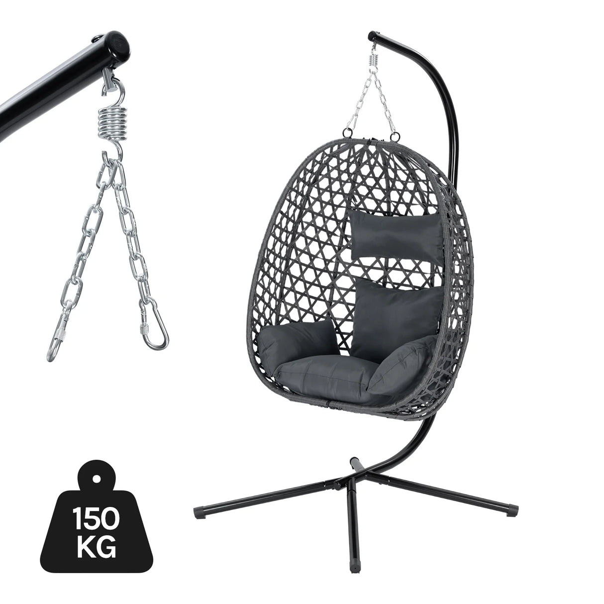 BukkitBow Hangstoel met Standaard, rotan en metalen frame, comfortabele Haag Ei stoel voor binnen en buiten.