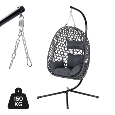 BukkitBow Hangstoel met Standaard, rotan en metalen frame, comfortabele Haag Ei stoel voor binnen en buiten.
