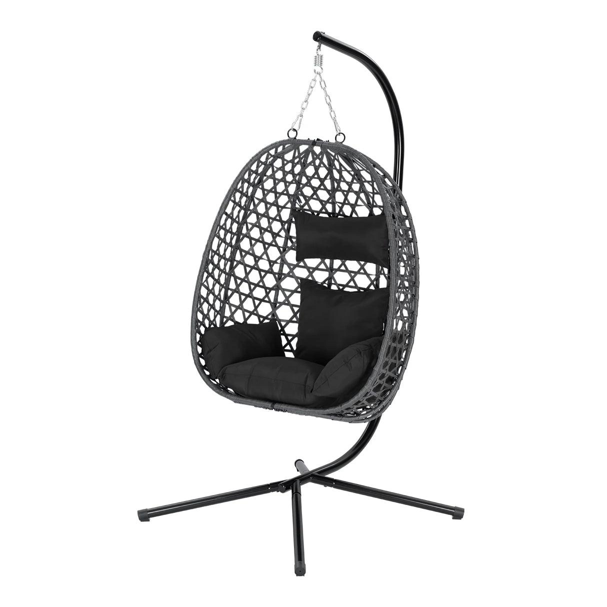 BukkitBow hangstoel met standaard en rotan hagendei, comfortabele zitting in een stijlvolle rotan en metalen frame.