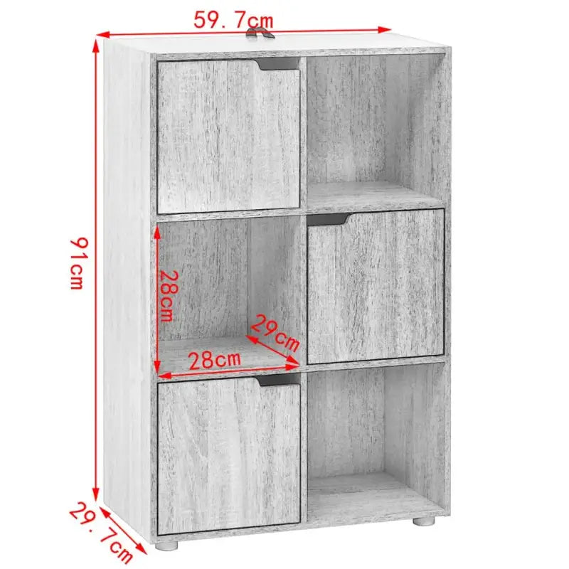 BukkitBow hoekboekenkast met deuren, 6 kubussen, compact formaat, 59,7x29,7x91 cm, houten boekenkast voor woonruimte