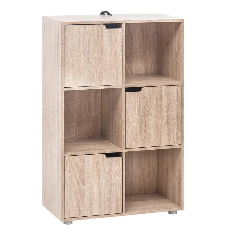 BukkitBow hoekboekenkast met 6 kubussen en deuren, compact formaat 59,7x29,7x91 cm, in natuurlijke houtlook.