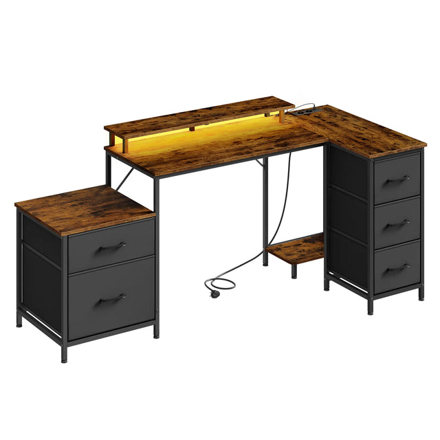 BukkitBow hoekbureau gaming bureau met RGB LED-verlichting, 5 laden, stopcontact en USB-poorten, zwart, modern design