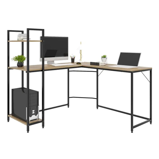 BukkitBow hoekbureau met opbergvakken, licht eiken en zwart, spaanplaat en stalen buizen, afmetingen 138x50cm en 88x50cm.
