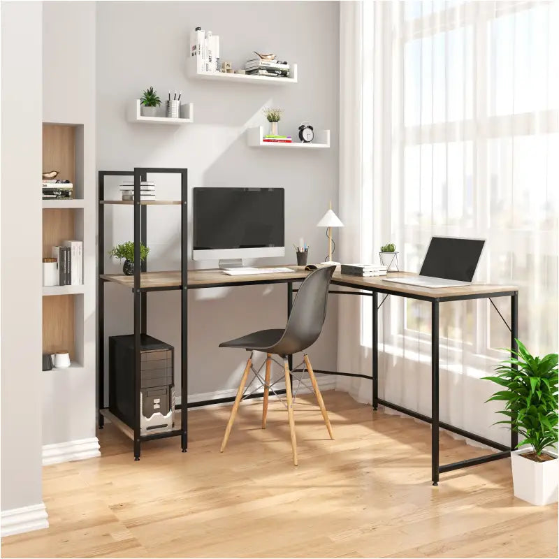 BukkitBow hoekbureau met opbergvakken, licht eiken en zwart, spaanplaat en stalen buizen, 138x50cm en 88x50cm, modern design