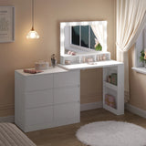 BukkitBow hoekkaptafel met 6 laden, LED-spiegel en flexibele opstelling voor make-up en haarstyling.