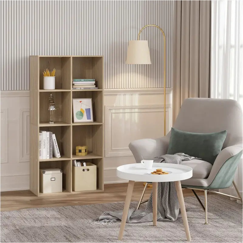 Houten BukkitBow boekenkast met 8 opbergkubussen, vrijstaand en ruimtebesparend meubel voor boeken en decoratie.