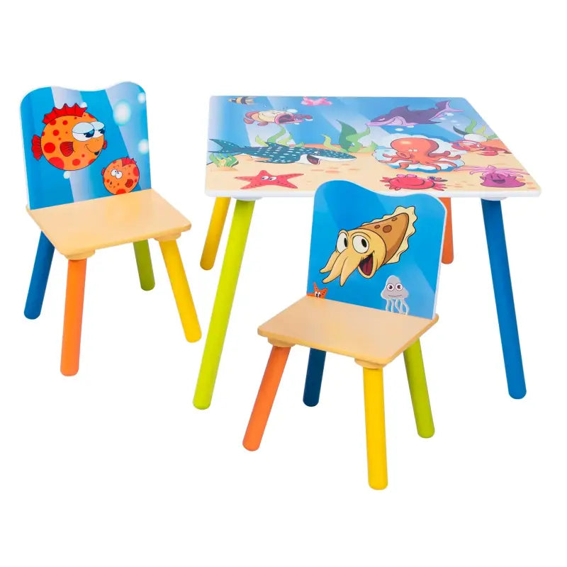 Houten kindertafel van BukkitBow met visprint en twee stoelen, afmetingen 60x60cm, geschikt voor kinderen, kleurrijk ontwerp