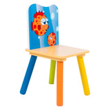 Houten kindertafel en kinderbureau van BukkitBow met visprint en 2 bijpassende stoelen, afmetingen 60x60cm.