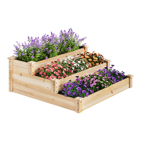 Houten moestuinbak van BukkitBow met 3 niveaus en trapmodel voor buiten, geschikt voor het kweken van groenten en kruiden.