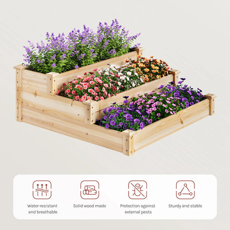 Houten moestuinbak van BukkitBow met 3 niveaus in trapmodel voor buiten, ideaal voor moestuinieren en plantverzorging.