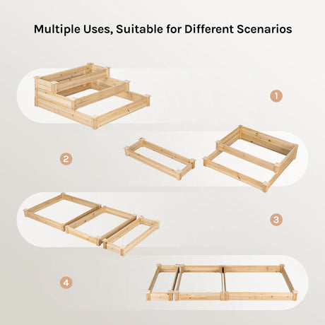 Houten moestuinbak met 3 niveaus van BukkitBow, trapmodel voor buiten, zichtbaar met verschillende plantenvlakken.