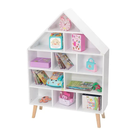 Huisvormige kinderboekenkast van BukkitBow in sterk grenenhout met 11 vakken, afmetingen 80x116x24cm, geschikt voor kinderen