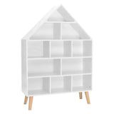 Kinderboekenkast BukkitBow in huisvorm, sterk grenenhout, 11 vakken, afmetingen 80x116x24cm, geschikt voor kinderkamers.