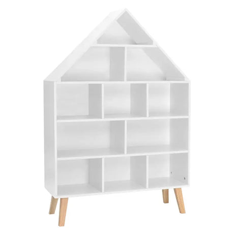 Huisvormige kinderboekenkast van BukkitBow in sterk grenenhout met 11 vakken, afmetingen 80x116x24cm, perfect voor kinderboekencollectie.