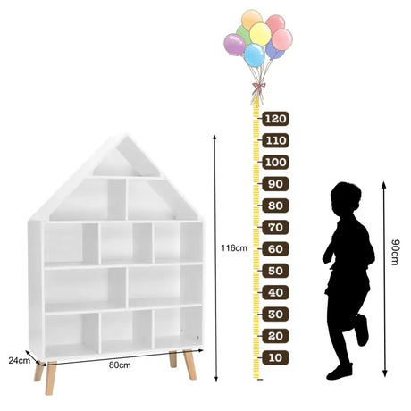 Huisvormige kinderboekenkast van BukkitBow in sterk grenenhout met 11 vakken, afmetingen 80x116x24cm, geschikt voor kinderboeken.