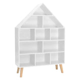 Huisvormige kinderboekenkast van BukkitBow in stevig grenenhout met 11 vakken, afmetingen 80x116x24cm voor kinderen.