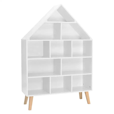 Huisvormige kinderboekenkast van BukkitBow in sterk grenenhout met 11 vakken, afmetingen 80x116x24cm, geschikt voor kinderboeken.