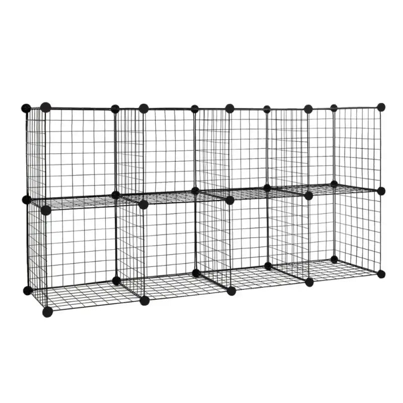 Zwart BukkitBow ijzeren opbergrek met zelf aanpasbare planken en 432 liter capaciteit, inclusief montagehamer, zichtbaar in de afbeelding.