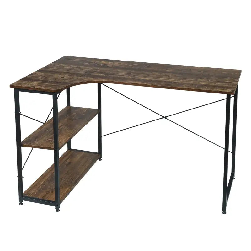 Industrieel hoekbureau van BukkitBow, compact met 2 opbergruimteplanken, 120x74cm, voor thuis of kantoorgebruik