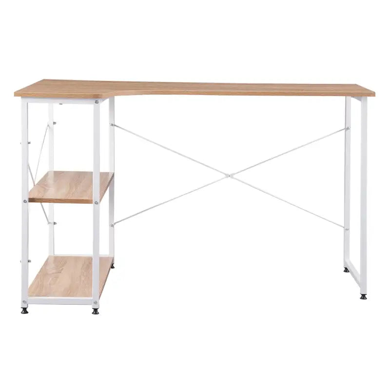 Industrieel hoekbureau van BukkitBow met 2 opbergruimte planken, compact design, 120x74cm, geschikt voor kantoor of thuiswerkruimte.