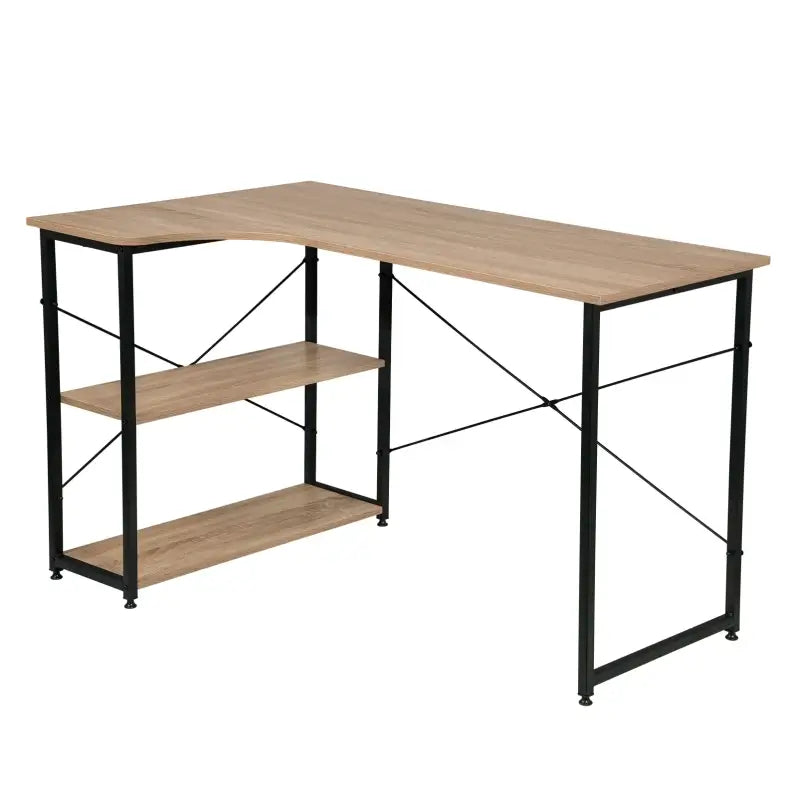 Industrieel hoekbureau van BukkitBow, compact met 2 opbergruimteplanken, afmeting 120x74cm, voor thuis of kantoor.