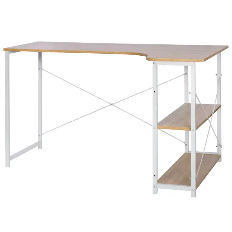 Industrieel hoekbureau van BukkitBow met 2 opbergplanken, compact ontwerp, 120x74cm, ideale werkplek voor thuis of kantoor.