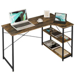 Industrieel hoekbureau van BukkitBow met 2 opbergplanken, compact ontwerp, 120x74cm, perfect voor thuis of kantoor.