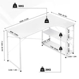 Industrieel hoekbureau van BukkitBow met 2 opbergruimteplanken, compact design, afmetingen 120x74cm, perfect voor moderne werkplekken.