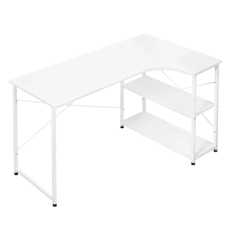 Industrieel BukkitBow hoekbureau met 2 planken, compact design, 120x74cm, geschikt voor thuis of kantoorgebruik.