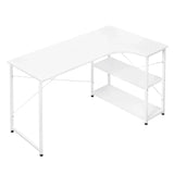 Industrieel BukkitBow hoekbureau met 2 planken, compact design, 120x74cm, geschikt voor thuis of kantoorgebruik.