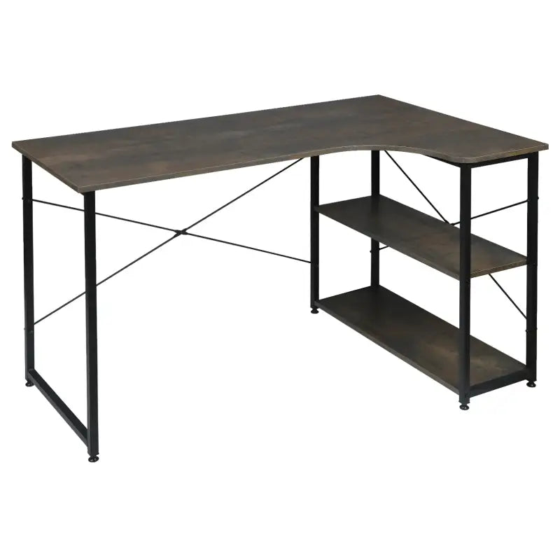Industrieel hoekbureau van BukkitBow met 2 opbergplanken, compact ontwerp, afmetingen 120x74cm, ideaal voor thuis of kantoor.