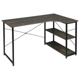 Industrieel hoekbureau van BukkitBow met 2 opbergplanken, compact ontwerp, afmetingen 120x74cm, ideaal voor thuis of kantoor.