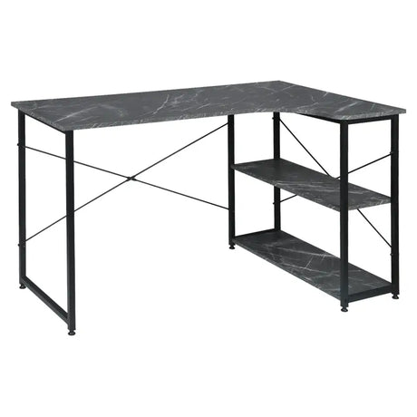 Industrieel klein hoekbureau van BukkitBow met 2 planken en opbergruimte, afmetingen 120x74cm, geschikt voor thuis of kantoor.