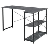 Industrieel BukkitBow hoekbureau met 2 opbergplanken, klein formaat 120x74cm, houten werkblad en zwart metalen frame.