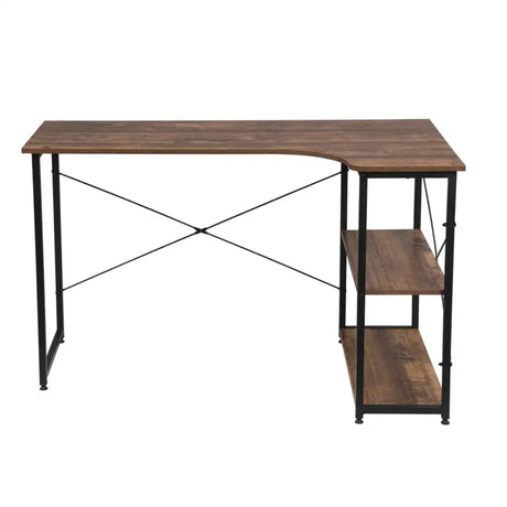 Industrieel klein hoekbureau van BukkitBow met 2 opbergplanken, 120x74cm, geschikt voor thuis of kantoor.