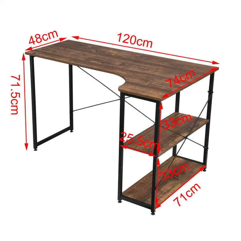 Industrieel klein hoekbureau van BukkitBow met 2 opbergruimtes, afmetingen 120x74cm, geschikt voor thuiskantoor of werkruimte