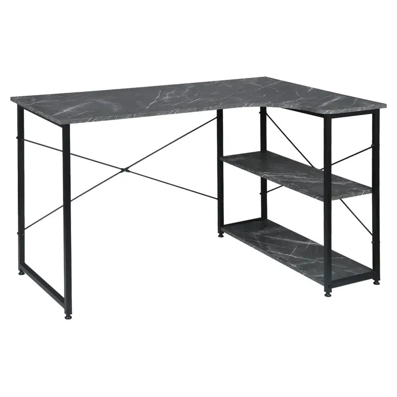 Industrieel klein hoekbureau van BukkitBow met twee planken opbergruimte, 120x74cm, geschikt voor thuis of kantoor.