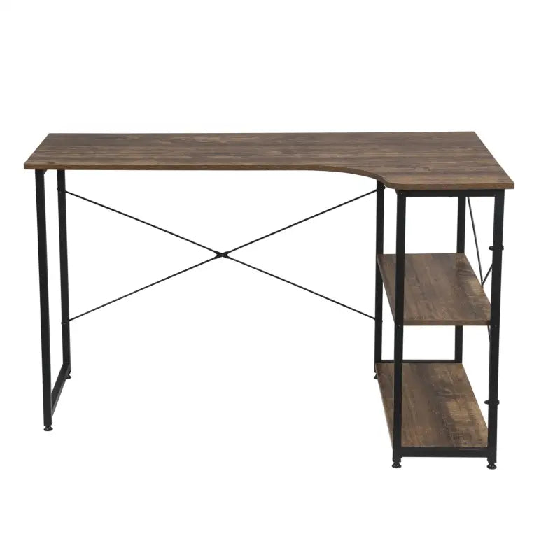 Industrieel klein hoekbureau van BukkitBow met 2 opbergplanken, afmetingen 120x74cm, houten werkblad en metalen frame.