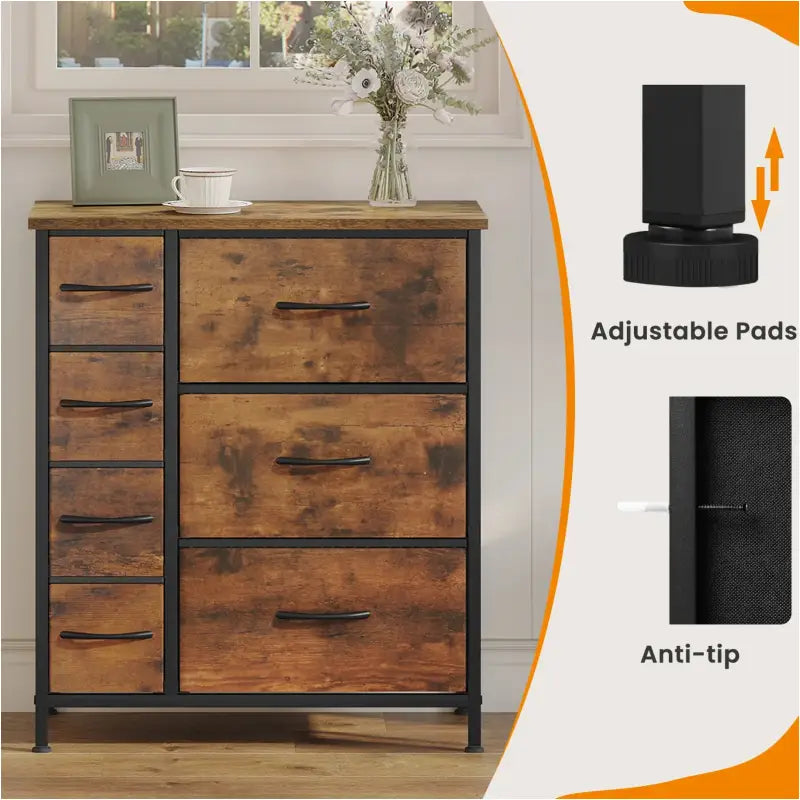 Industrieel dressoir van BukkitBow met 7 stoffen laden, hout, metaal en stof, rustiek bruin en zwart, 63,5x30x73 cm, veelzijdige opslag