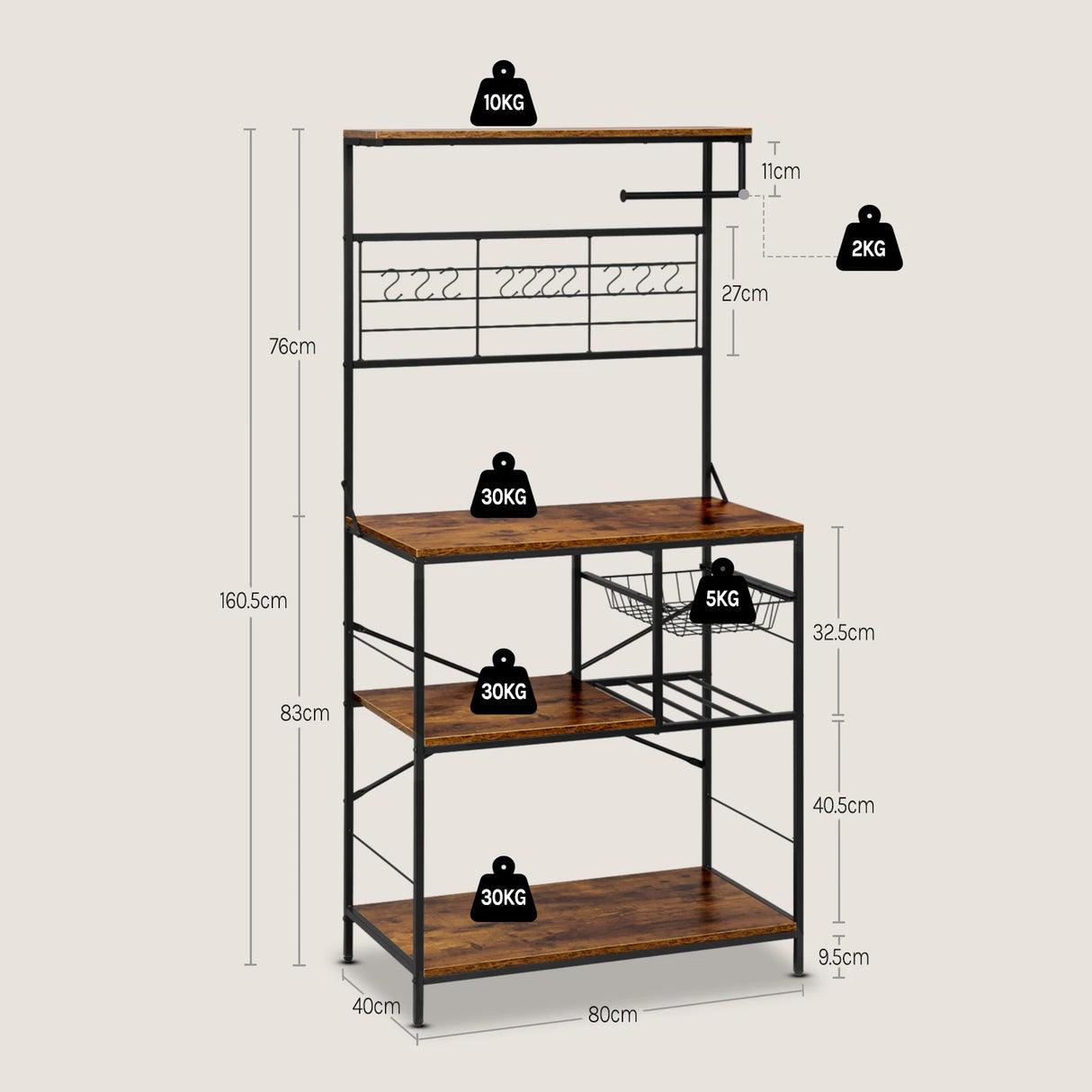 Industrieel keukenrek van BukkitBow met 5 planken en 10 haken in vintage bruin, ideaal voor keukenopslag en decoratie.